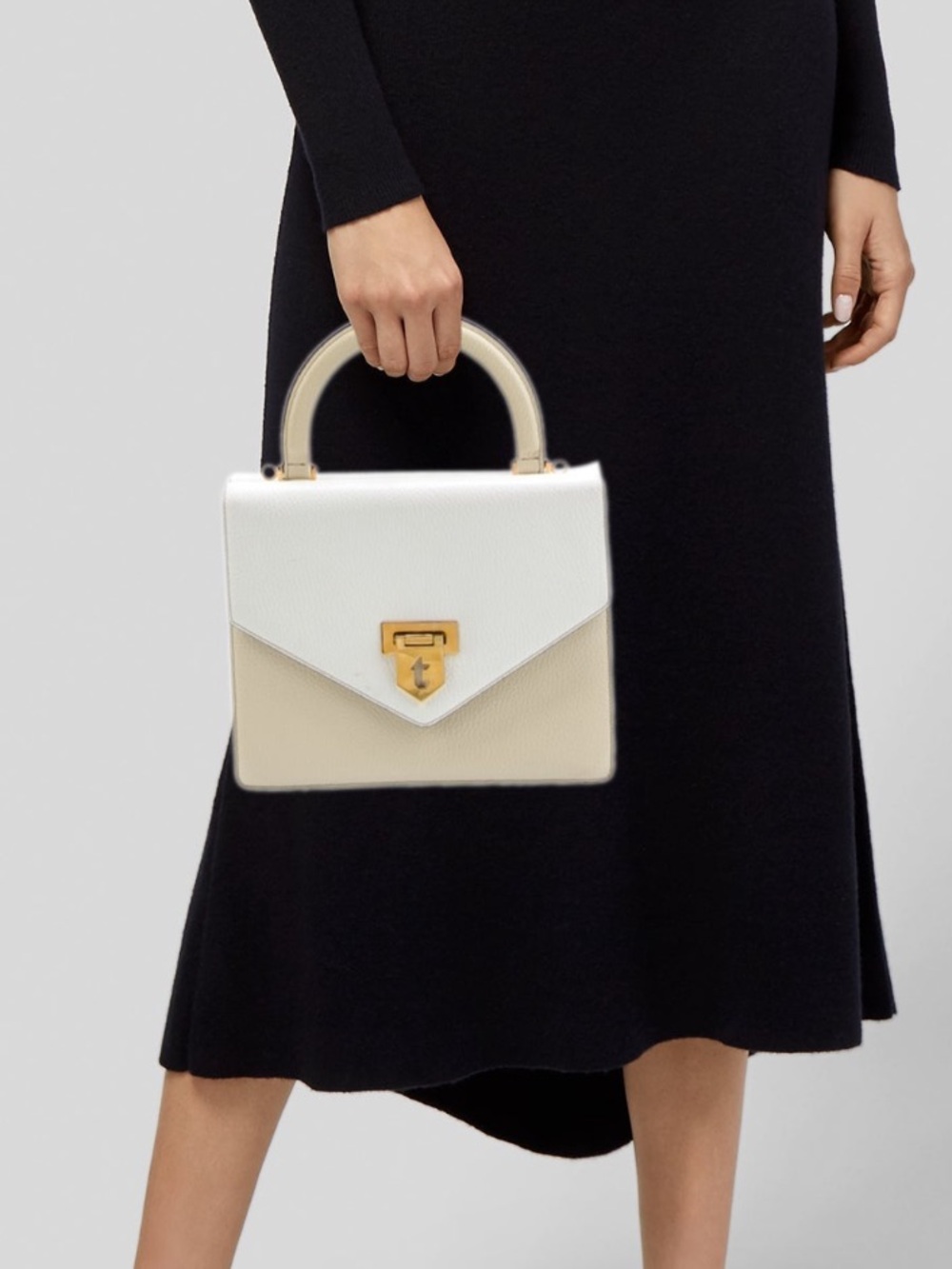 A.Testoni Leather Top Handle Bag Ivory Beige Gold Hardware